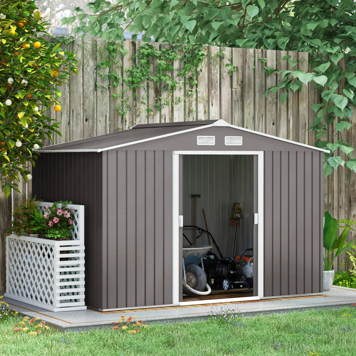 9 x 6FT Foundation Ventilation Steel Outdoor Garden Shed Grey