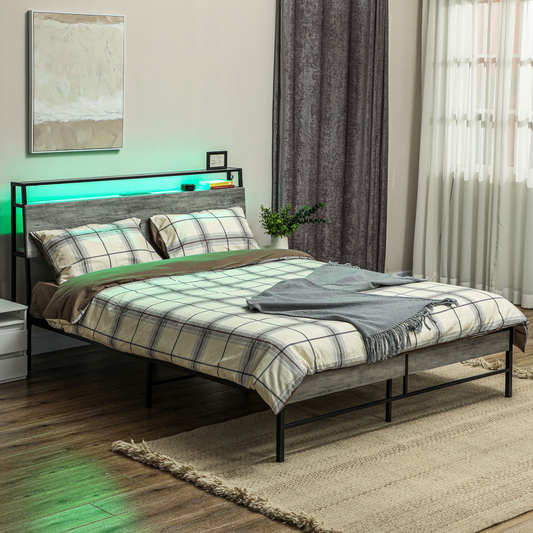 HOMCOM LED King Bed Frame with Charging Station, 150 x 200cm, Cement Grey