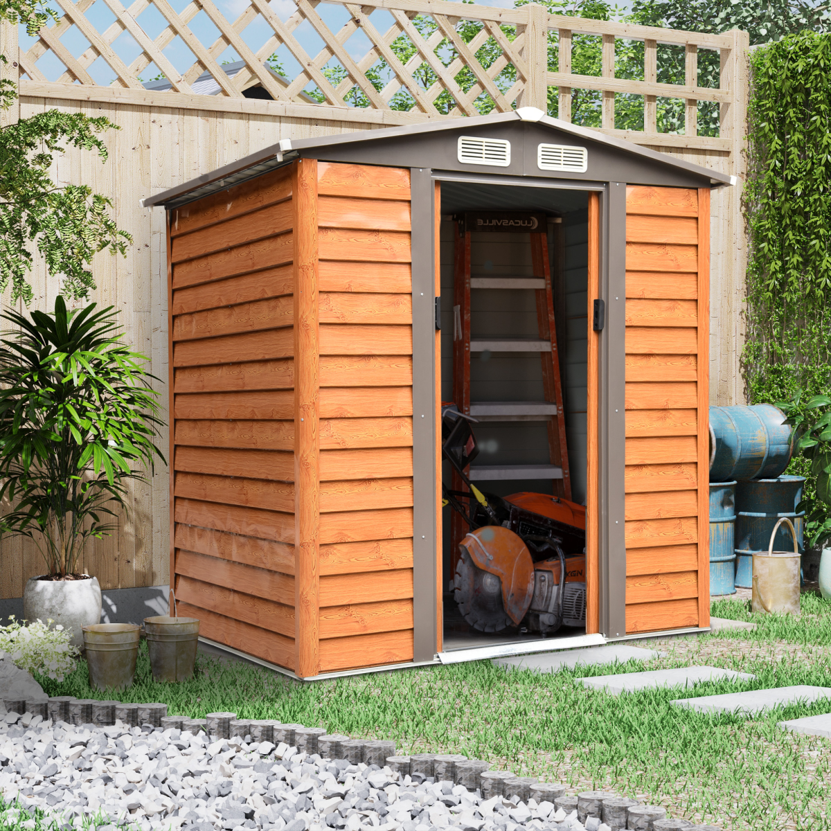 6x5ft Metal Garden Shed House Gardening Tool Storage Brown 193Lx152Wx203Hcm