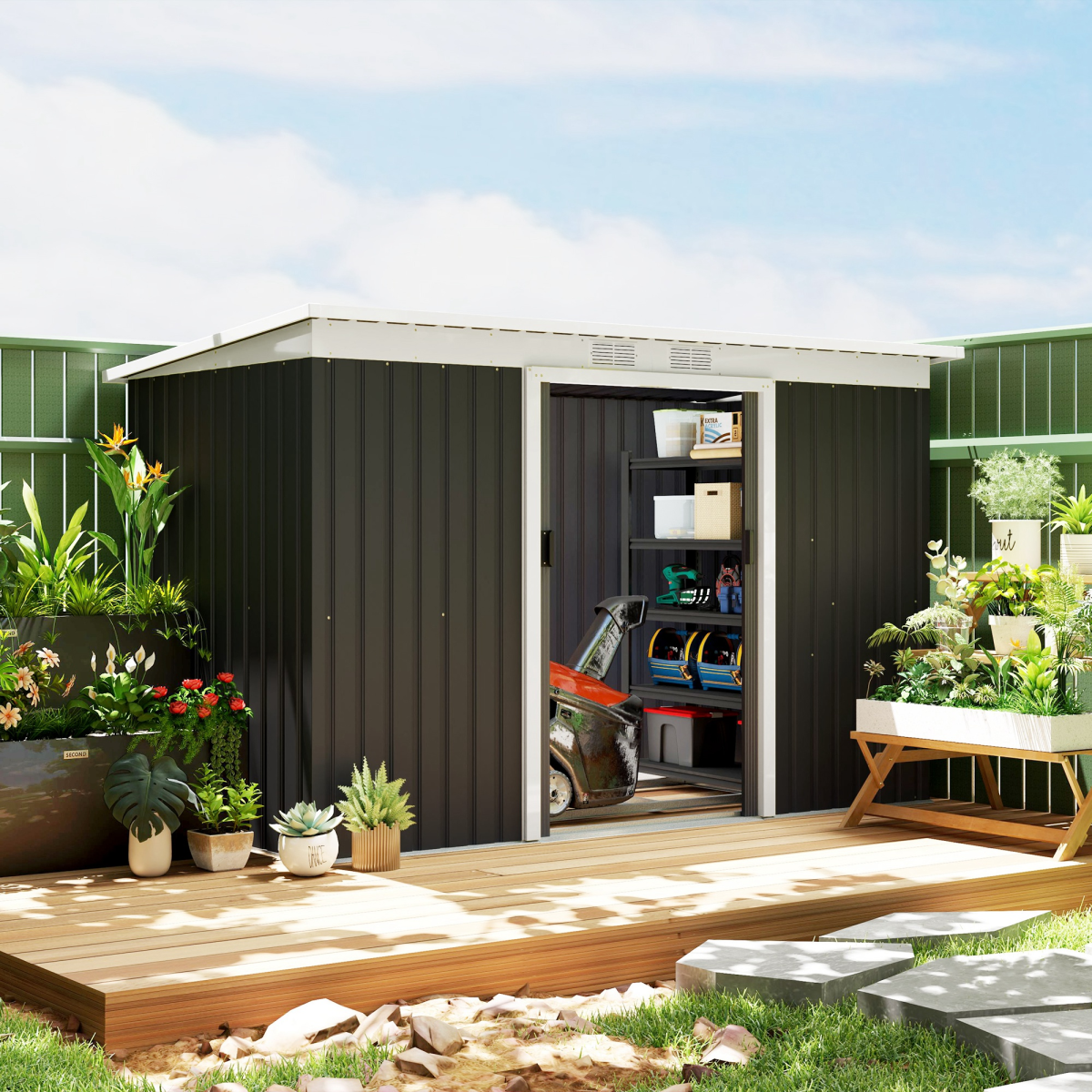 Outsunny 9 x 4FT Outdoor Garden Storage Shed w/ 2 Door Galvanised Metal Grey