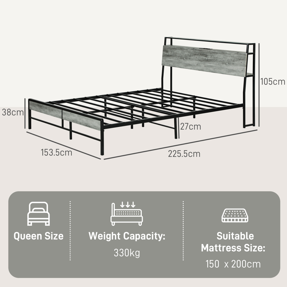 HOMCOM LED King Bed Frame with Charging Station, 150 x 200cm, Cement Grey