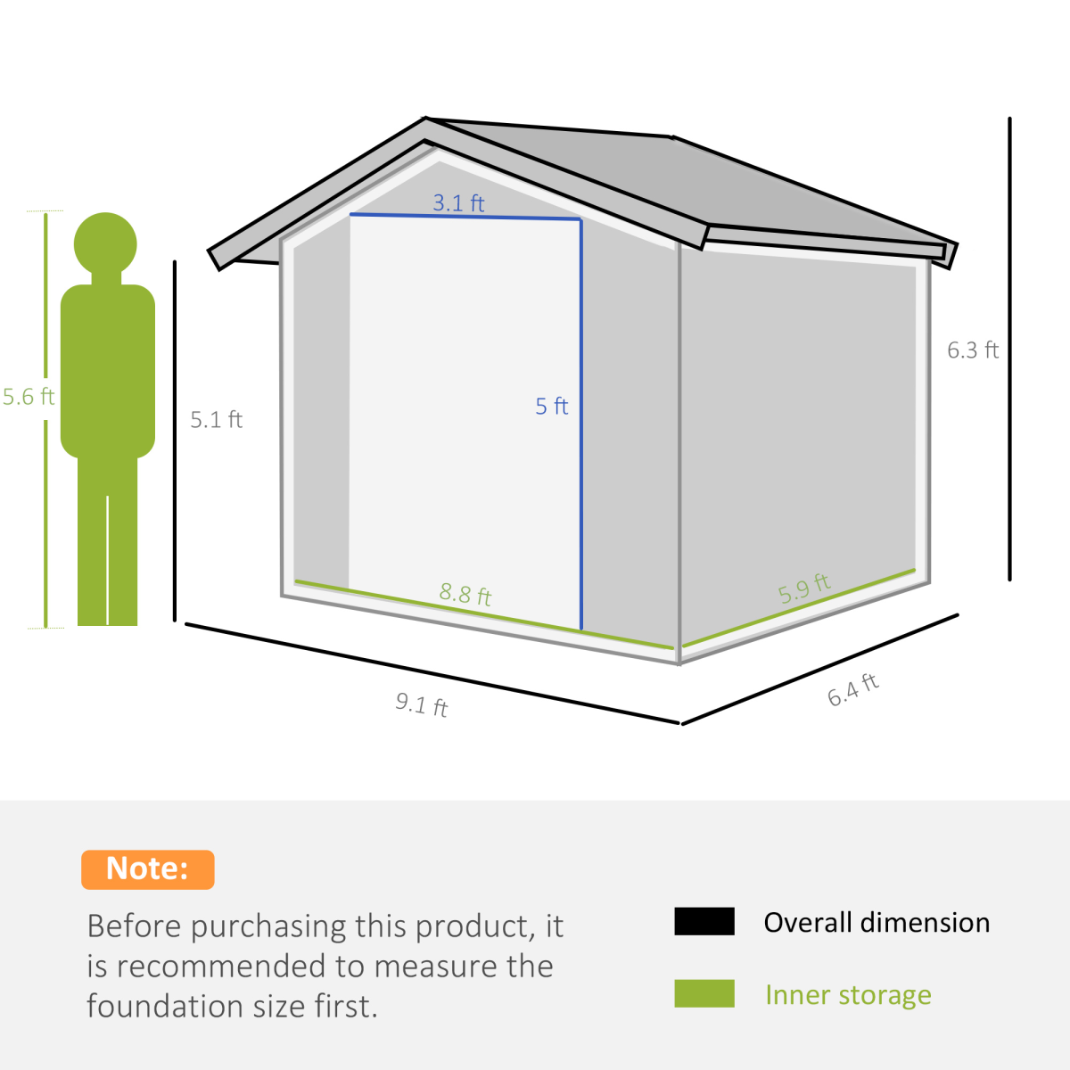 9 x 6FT Garden Roofed Metal Storage with Foundation Vent & Doors, Dark Grey