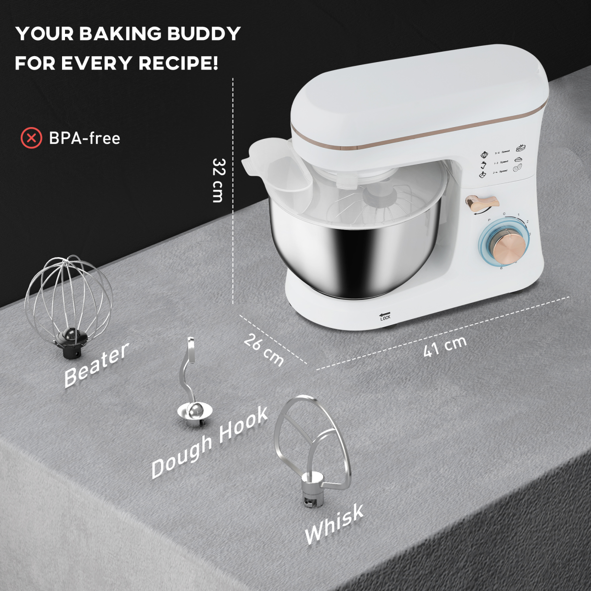 HOMCOM Electric Stand Mixer, 5L Food Mixer with Dough Hook, Whisk, White