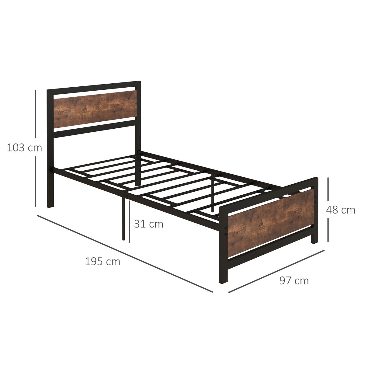 HOMCOM Single Size Metal Bed Frame w/ Headboard & Footboard, 97x195x103cm