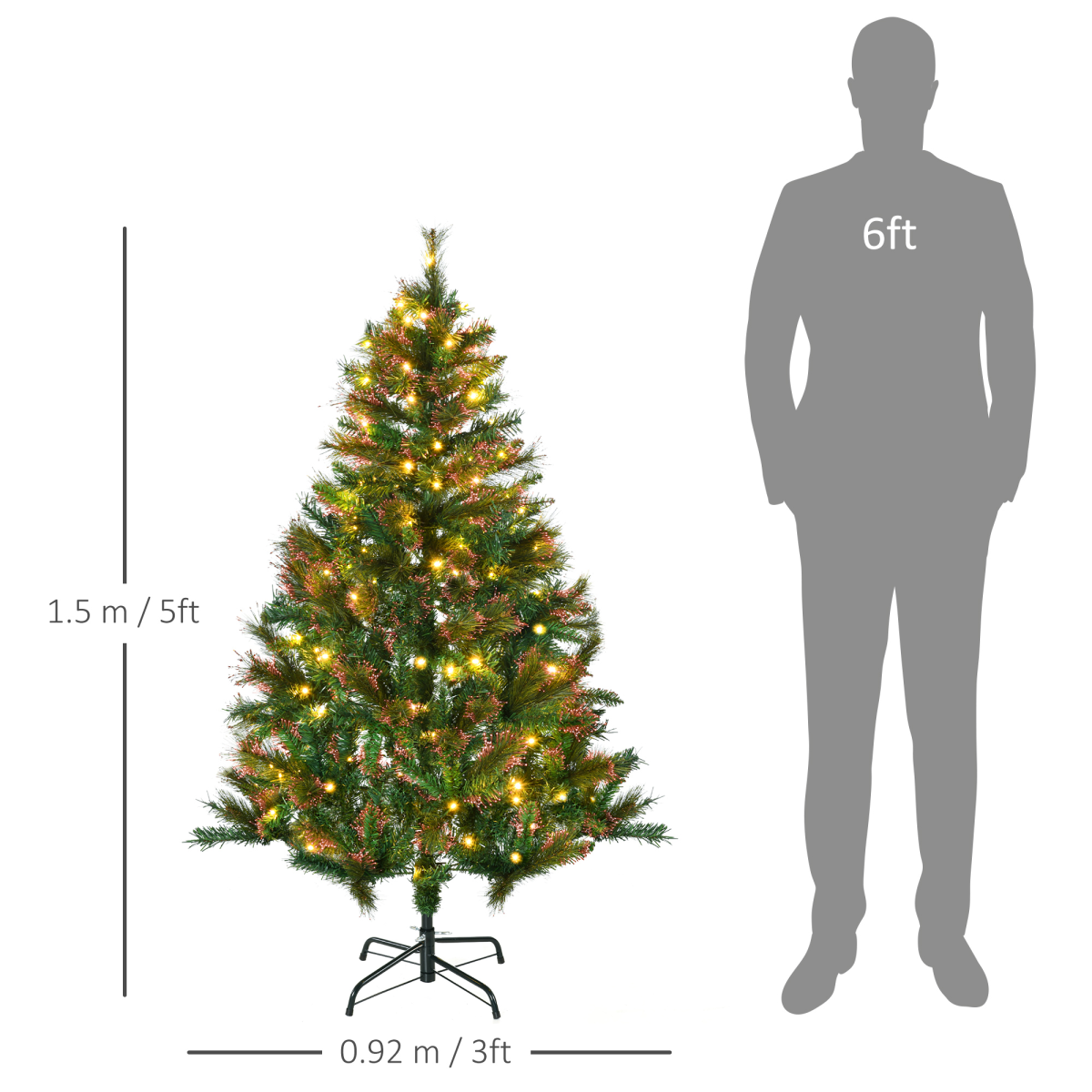 1.5m 5ft Pre-Lit Christmas Tree Artificial Spruce Warm White LED Metal Stand