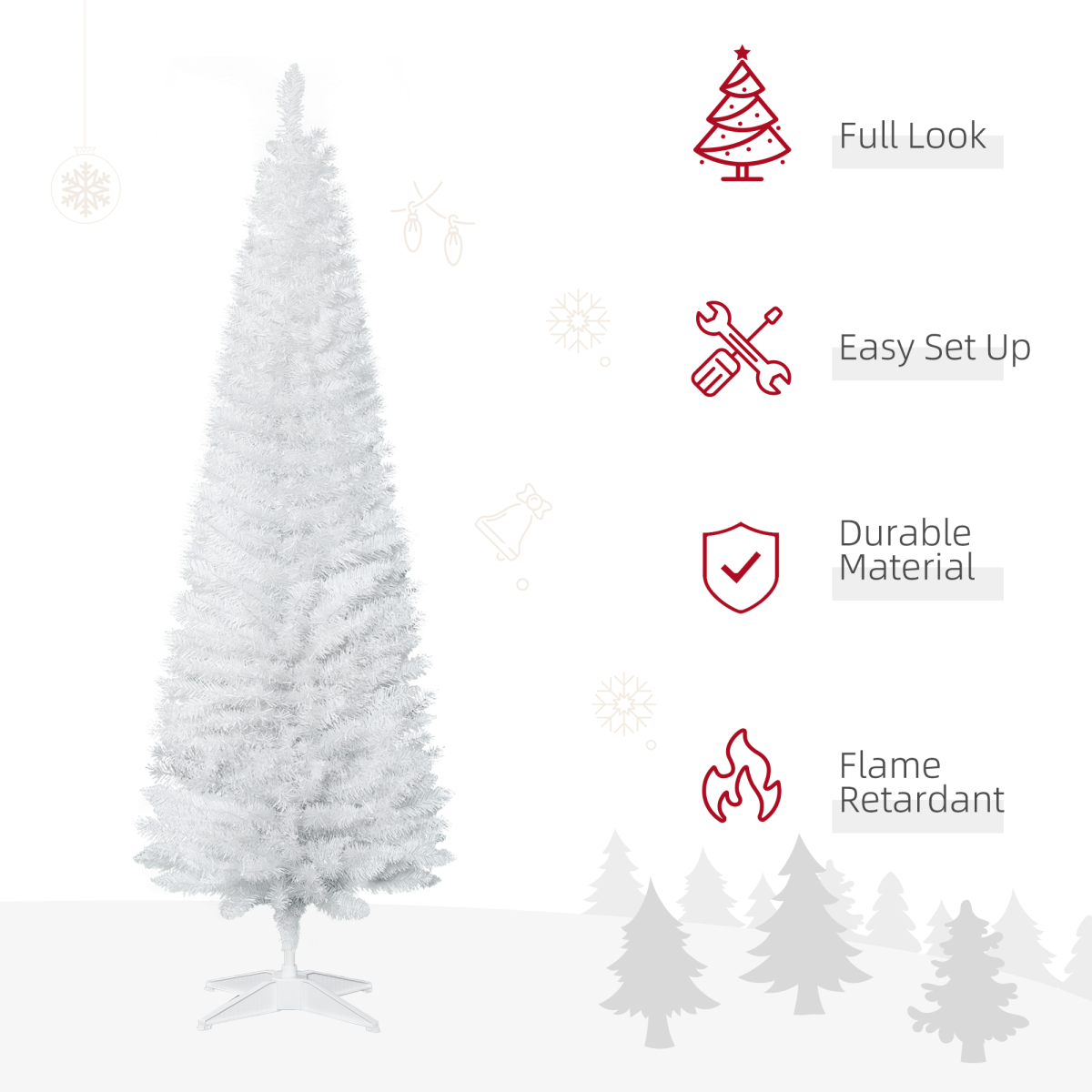1.8m 6ft Artificial Pine Pencil Slim Christmas Tree with 390 Branch Tips White