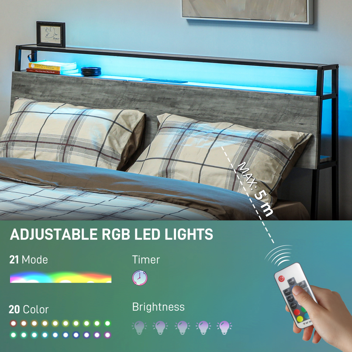 HOMCOM LED King Bed Frame with Charging Station, 150 x 200cm, Cement Grey
