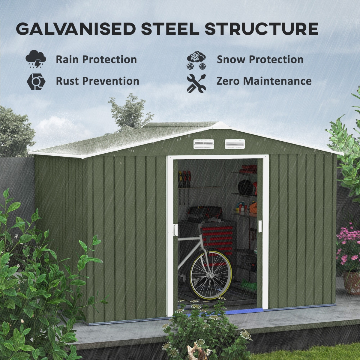 9 x 6FT Garden Metal Storage Shed Tool Box Foundation Vent & Doors Green