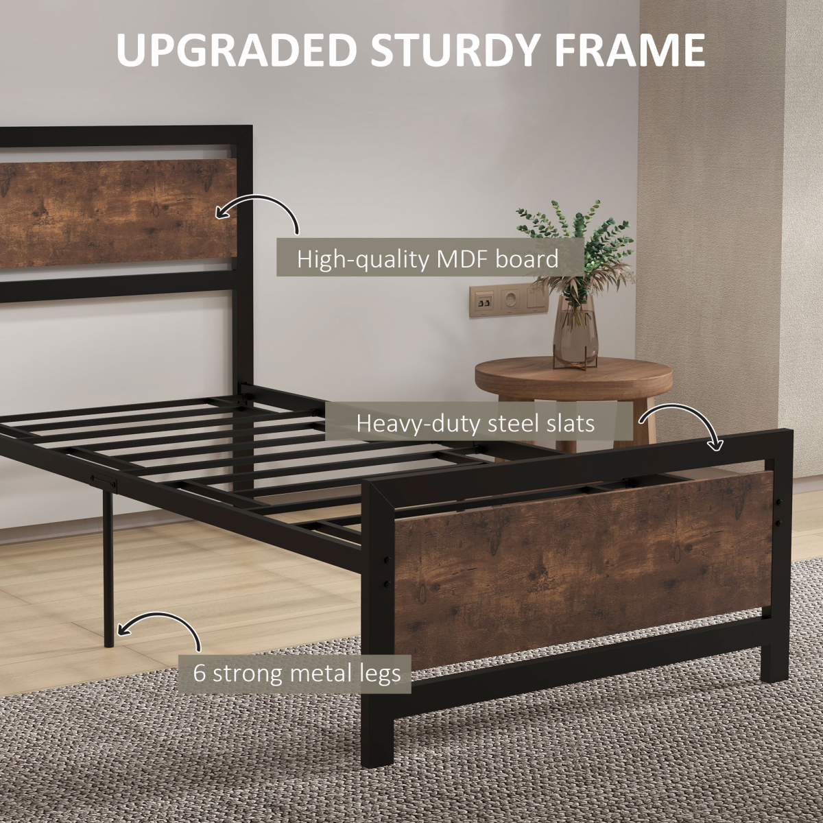 HOMCOM Single Size Metal Bed Frame w/ Headboard & Footboard, 97x195x103cm