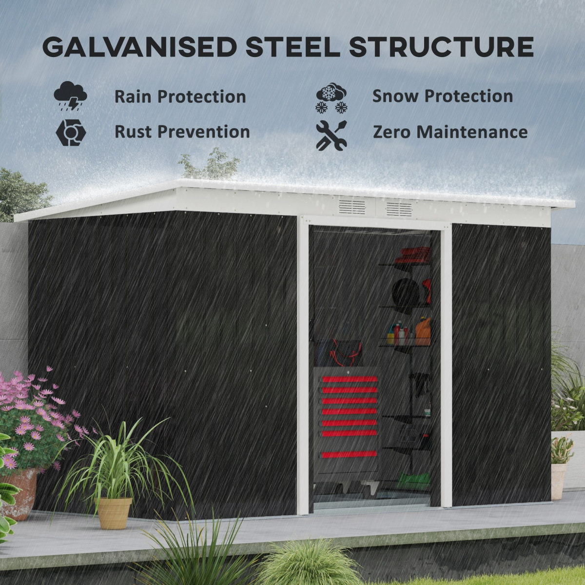 Outsunny 9 x 4FT Outdoor Garden Storage Shed w/ 2 Door Galvanised Metal Grey