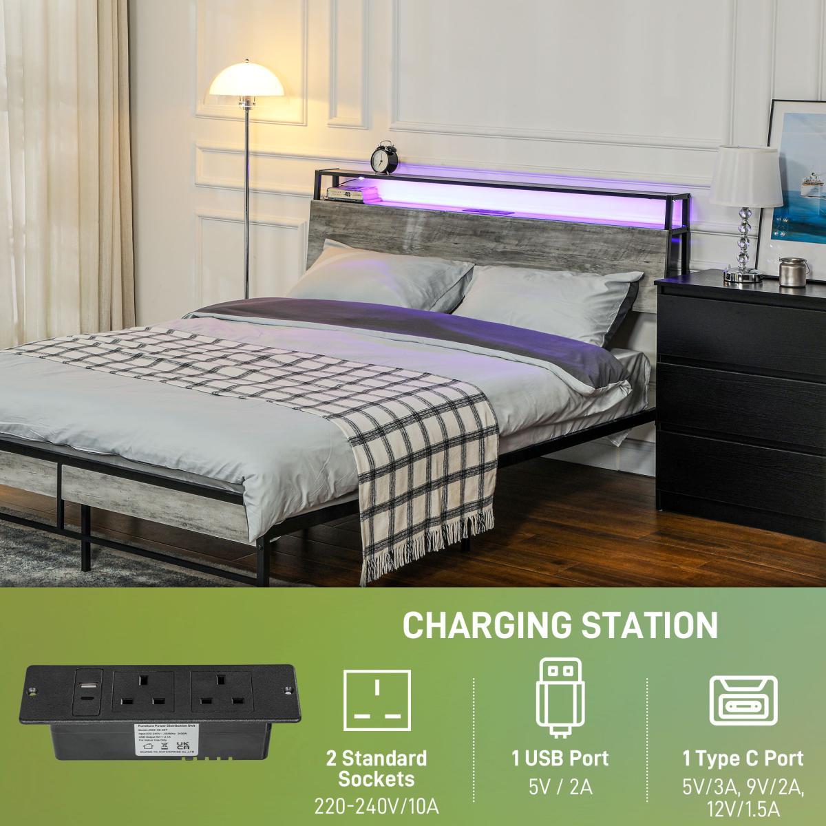 HOMCOM LED King Bed Frame with Charging Station, 150 x 200cm, Cement Grey