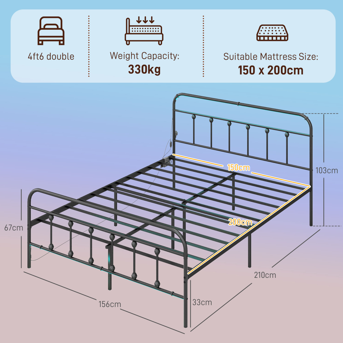 HOMCOM King Bed Frame with LED Lights and Charging Station, Black