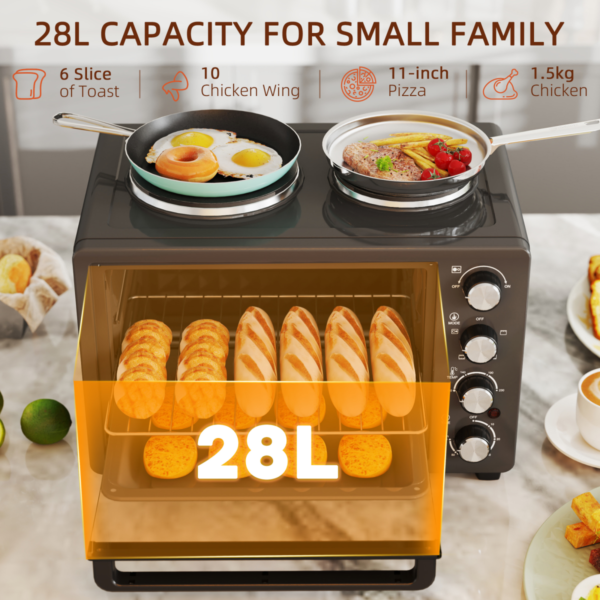 HOMCOM 28L Countertop Toaster Oven with 2 Hot Plates, Grill, Roast, Bake