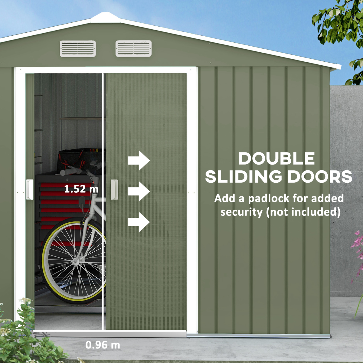 9 x 6FT Garden Metal Storage Shed Tool Box Foundation Vent & Doors Green