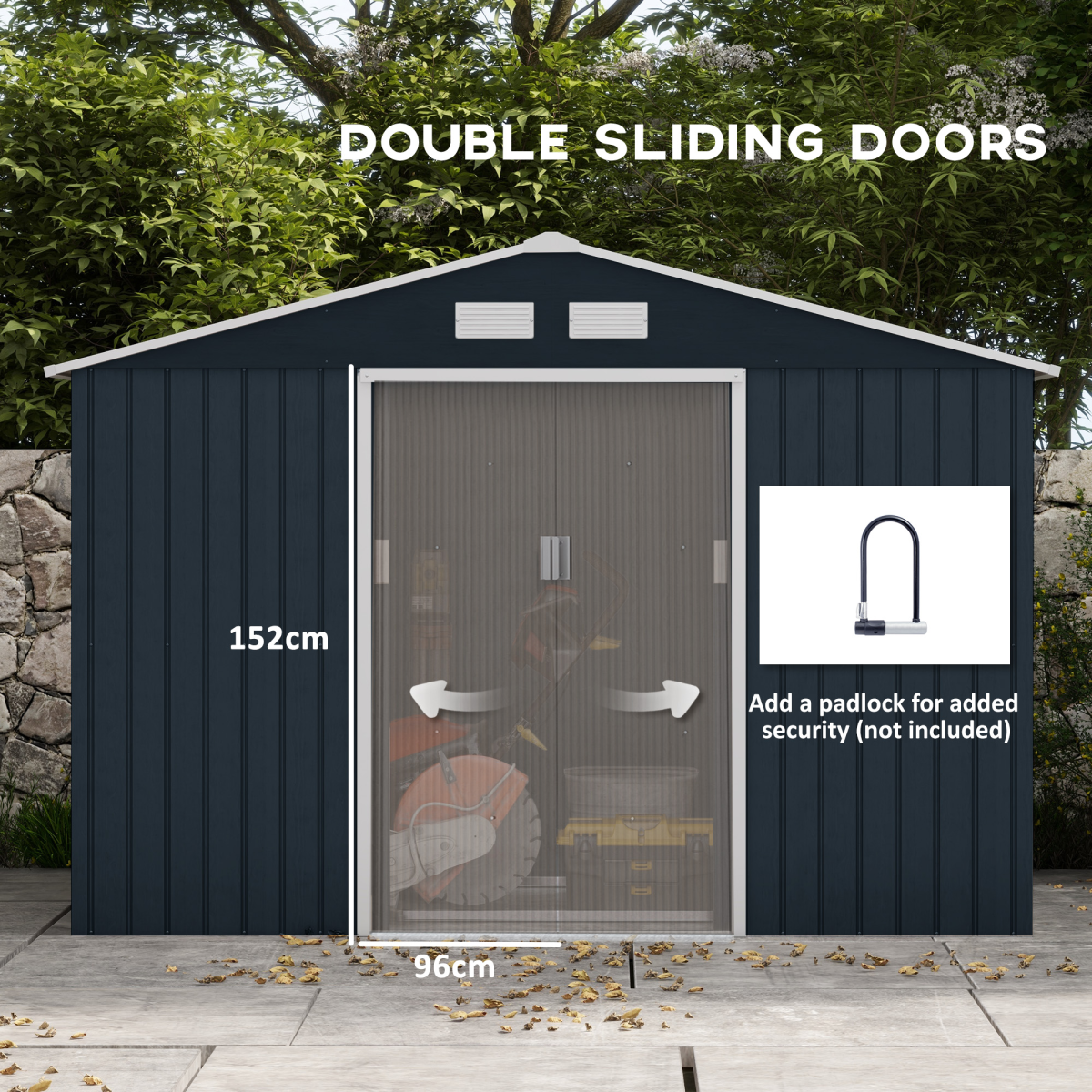9 x 6FT Garden Roofed Metal Storage with Foundation Vent & Doors, Dark Grey