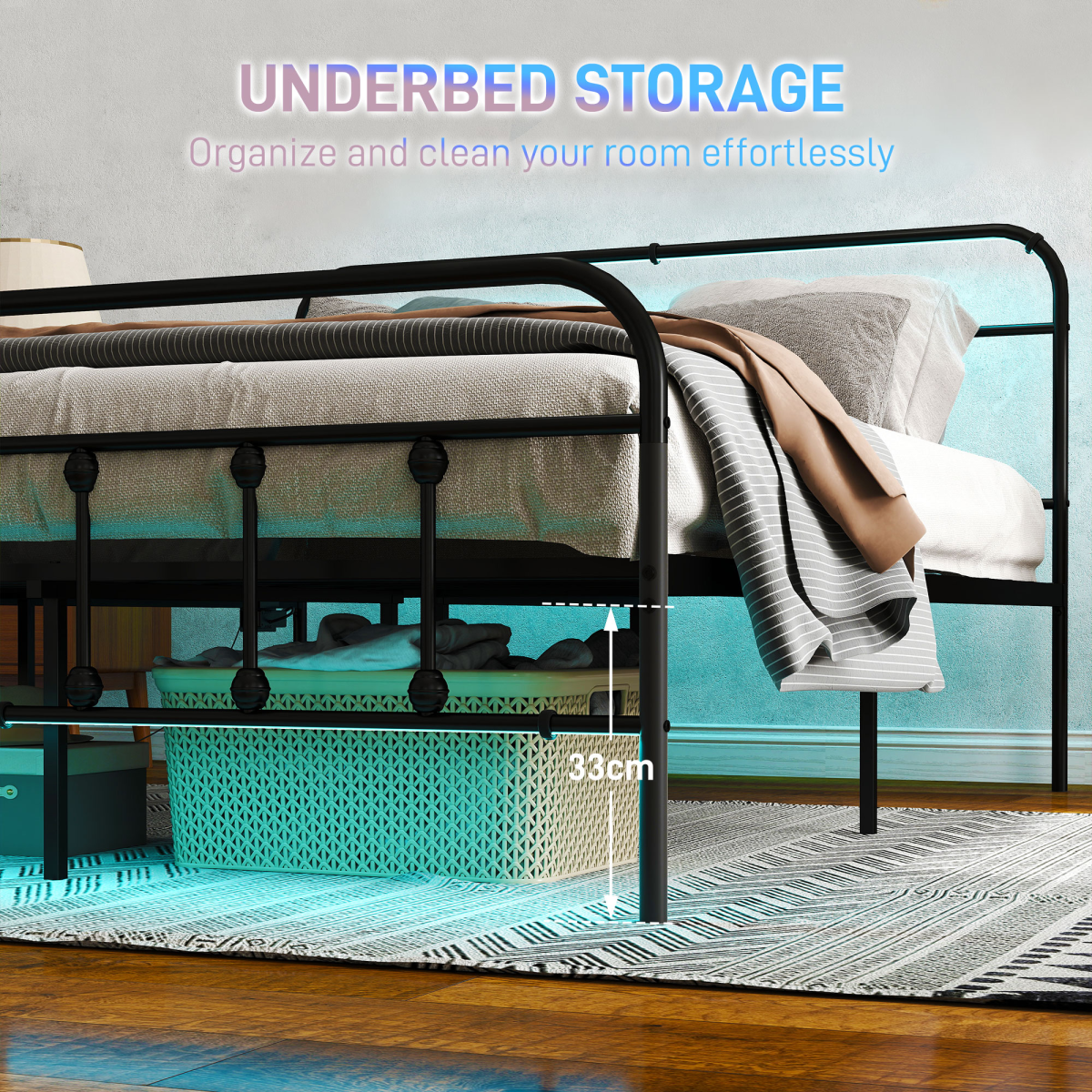HOMCOM King Bed Frame with LED Lights and Charging Station, Black