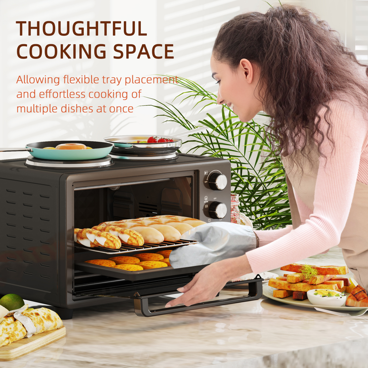 HOMCOM 28L Countertop Toaster Oven with 2 Hot Plates, Grill, Roast, Bake