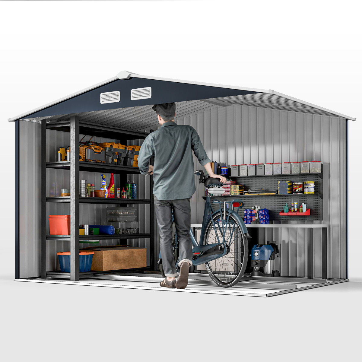9 x 6FT Garden Roofed Metal Storage with Foundation Vent & Doors, Dark Grey