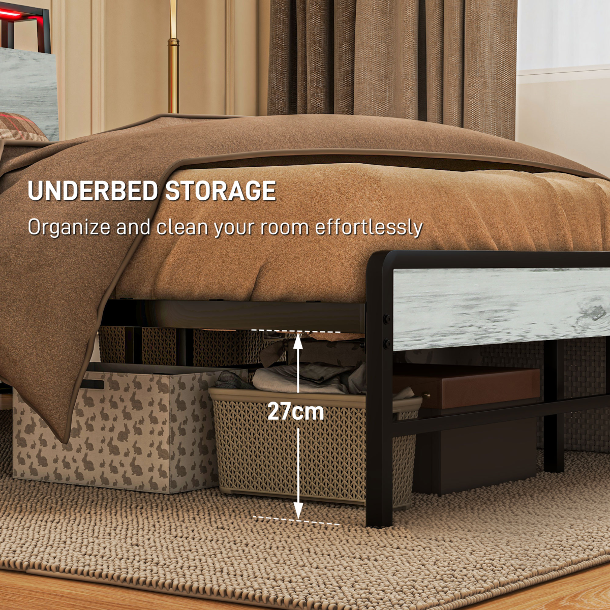 HOMCOM LED King Bed Frame with Charging Station, 150 x 200cm, Cement Grey