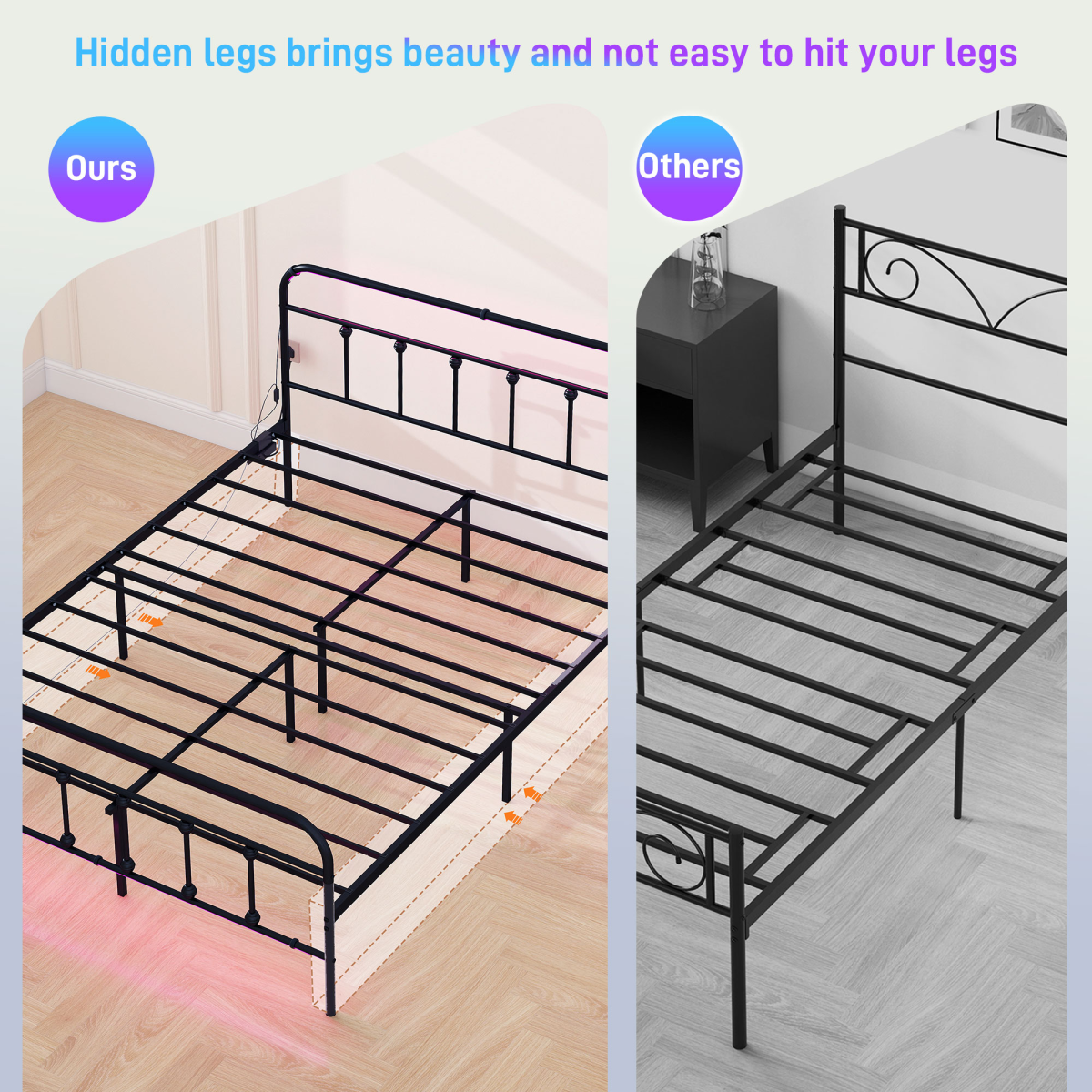 HOMCOM King Bed Frame with LED Lights and Charging Station, Black