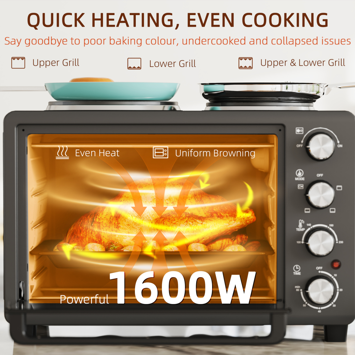 HOMCOM 28L Countertop Toaster Oven with 2 Hot Plates, Grill, Roast, Bake