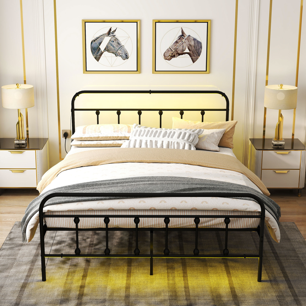 HOMCOM King Bed Frame with LED Lights and Charging Station, Black