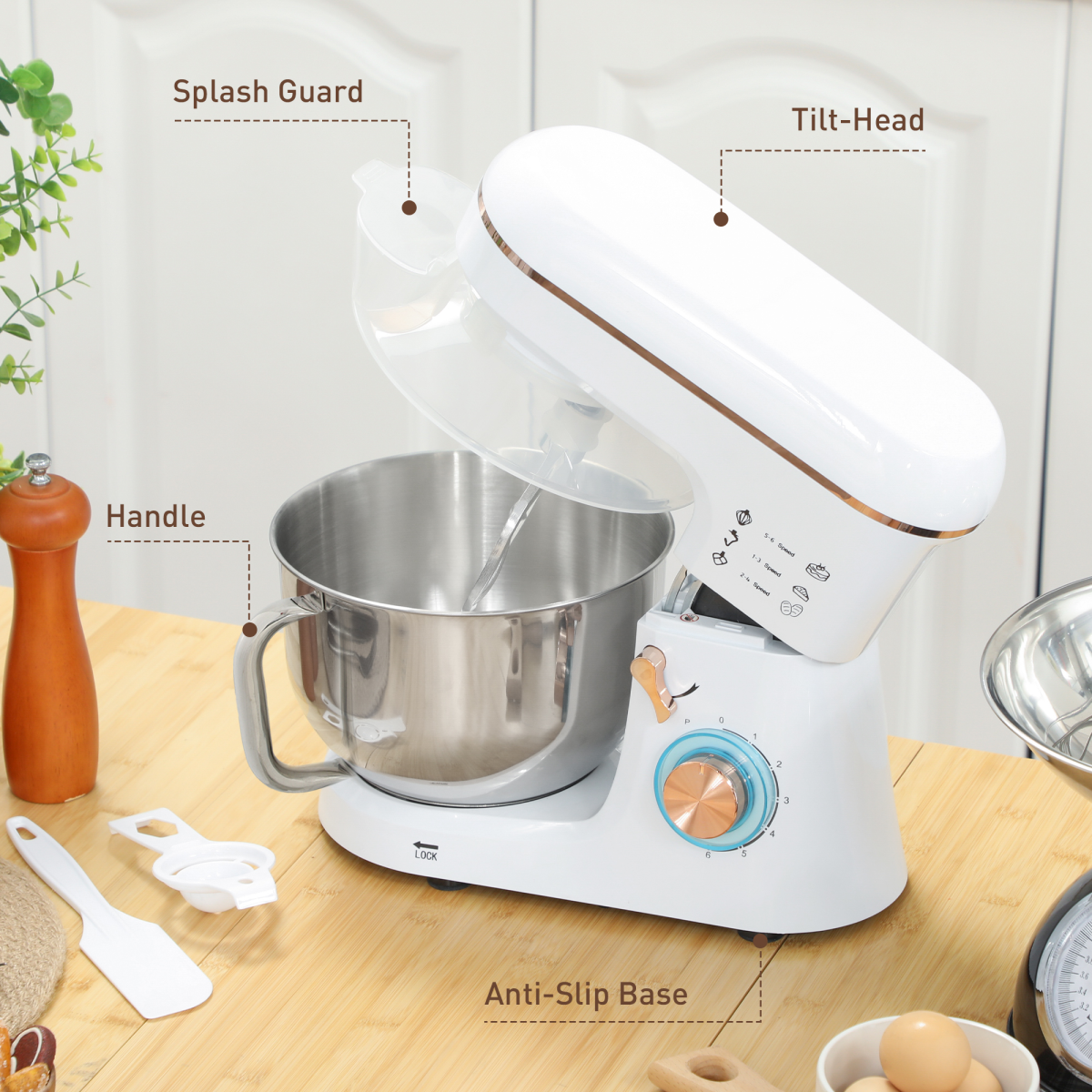 HOMCOM Electric Stand Mixer, 5L Food Mixer with Dough Hook, Whisk, White