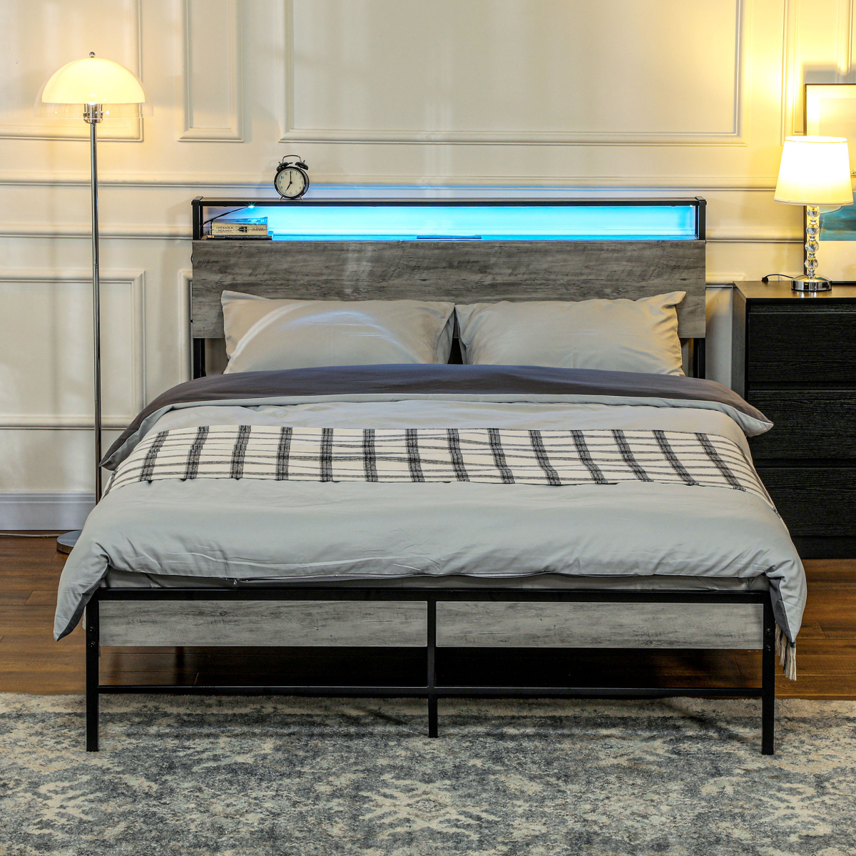 HOMCOM LED King Bed Frame with Charging Station, 150 x 200cm, Cement Grey