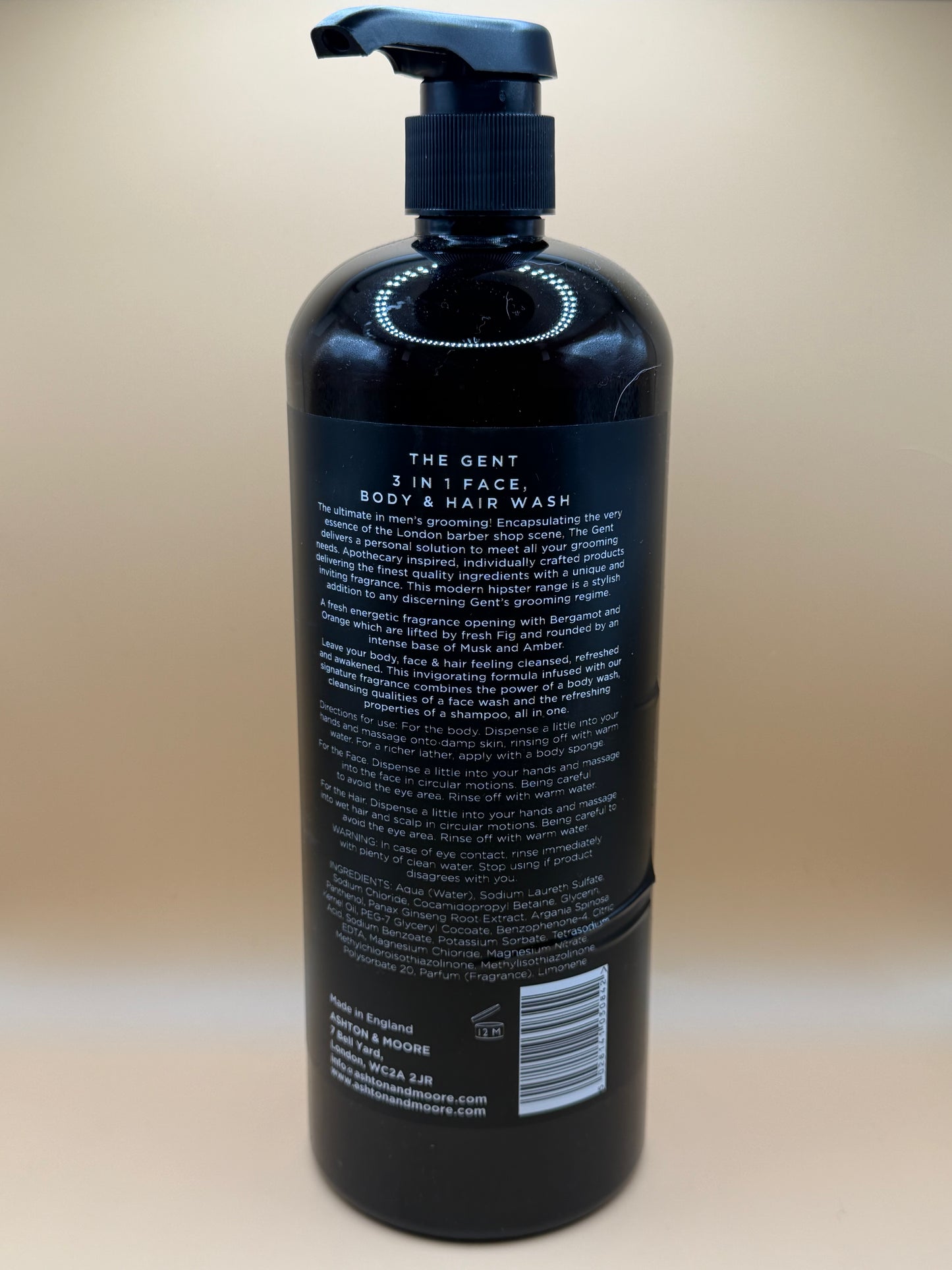 The Gent Ashton Moore Men 3 In 1 Face Body Hair Wash Shampoo Bergamot and Orange 1L