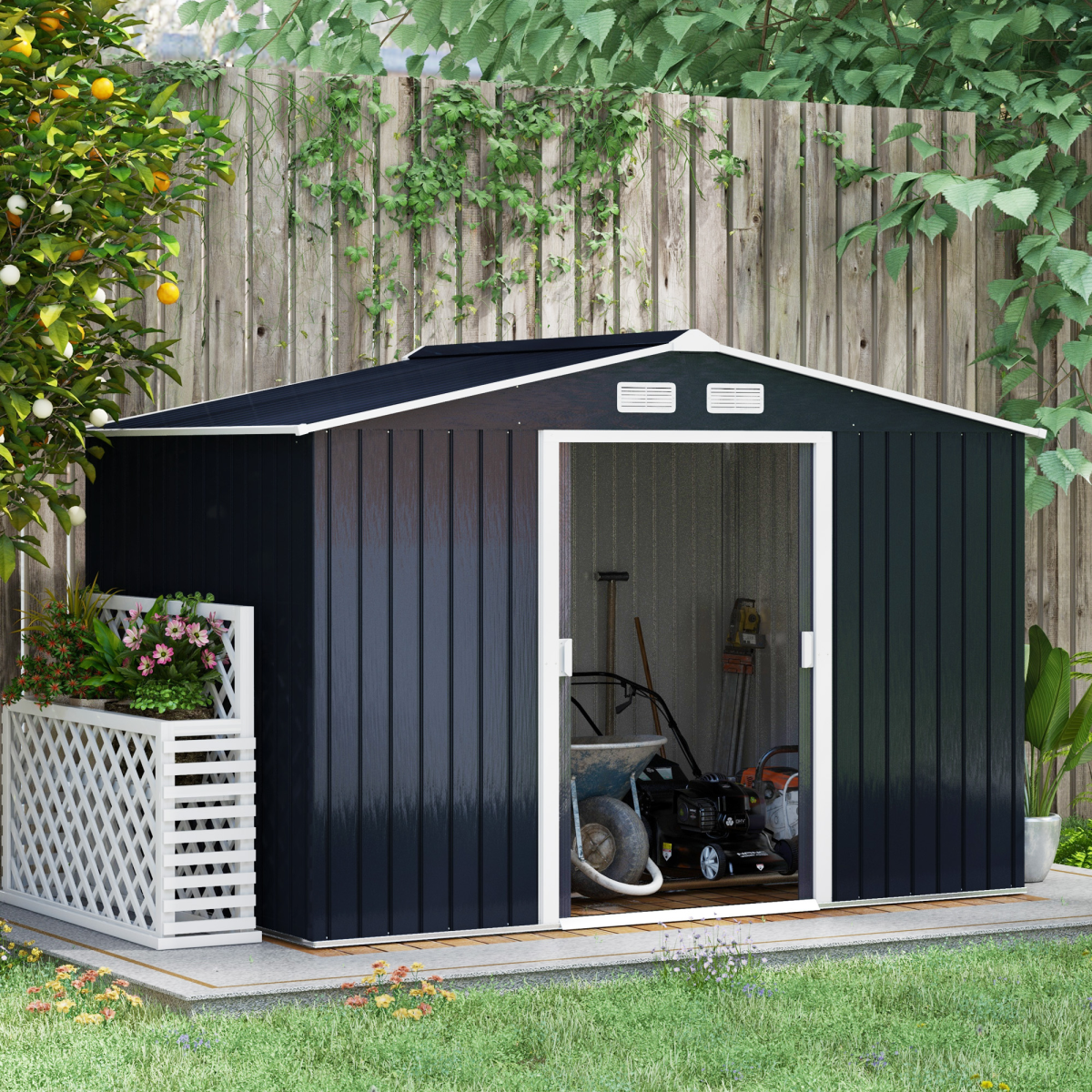 9 x 6FT Garden Roofed Metal Storage with Foundation Vent & Doors, Dark Grey