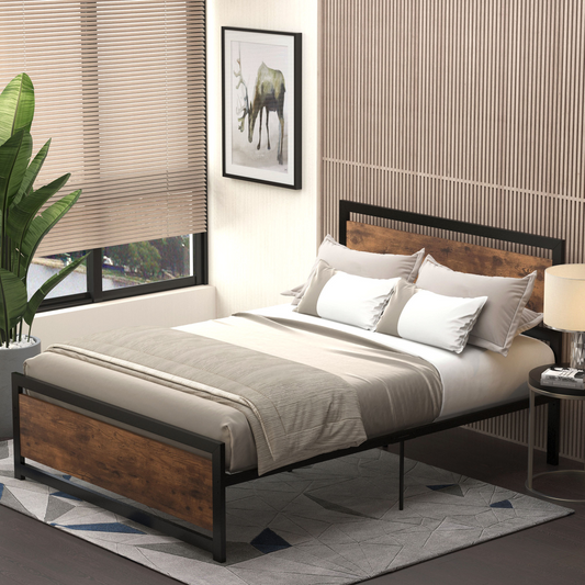 Double Size Metal Bed Frame w/ Headboard & Footboard, 144x195x103cm