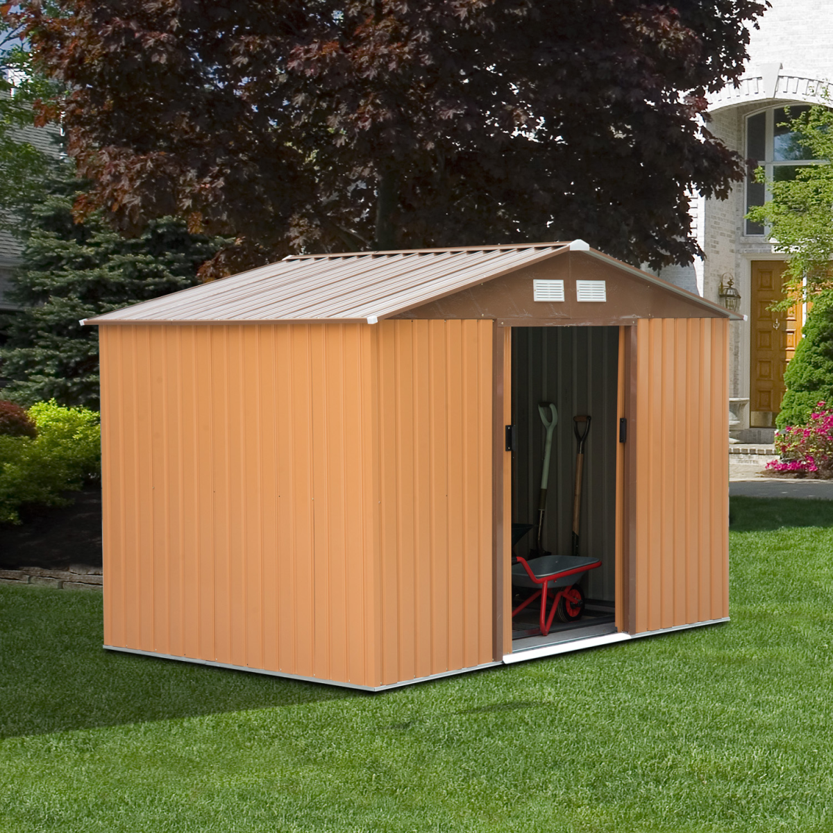 9x6 ft Metal Shed Khaki Storage Large Yard Store Door Container