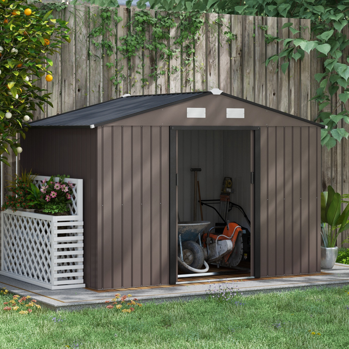 9 X 6FT Outdoor Storage Garden Shed Sliding Door Galvanised Metal Brown