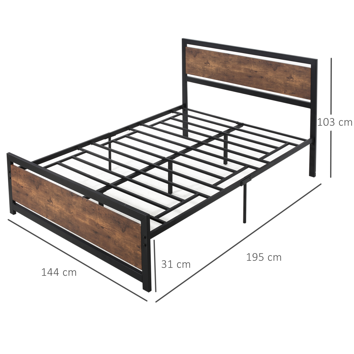 Double Size Metal Bed Frame w/ Headboard & Footboard, 144x195x103cm