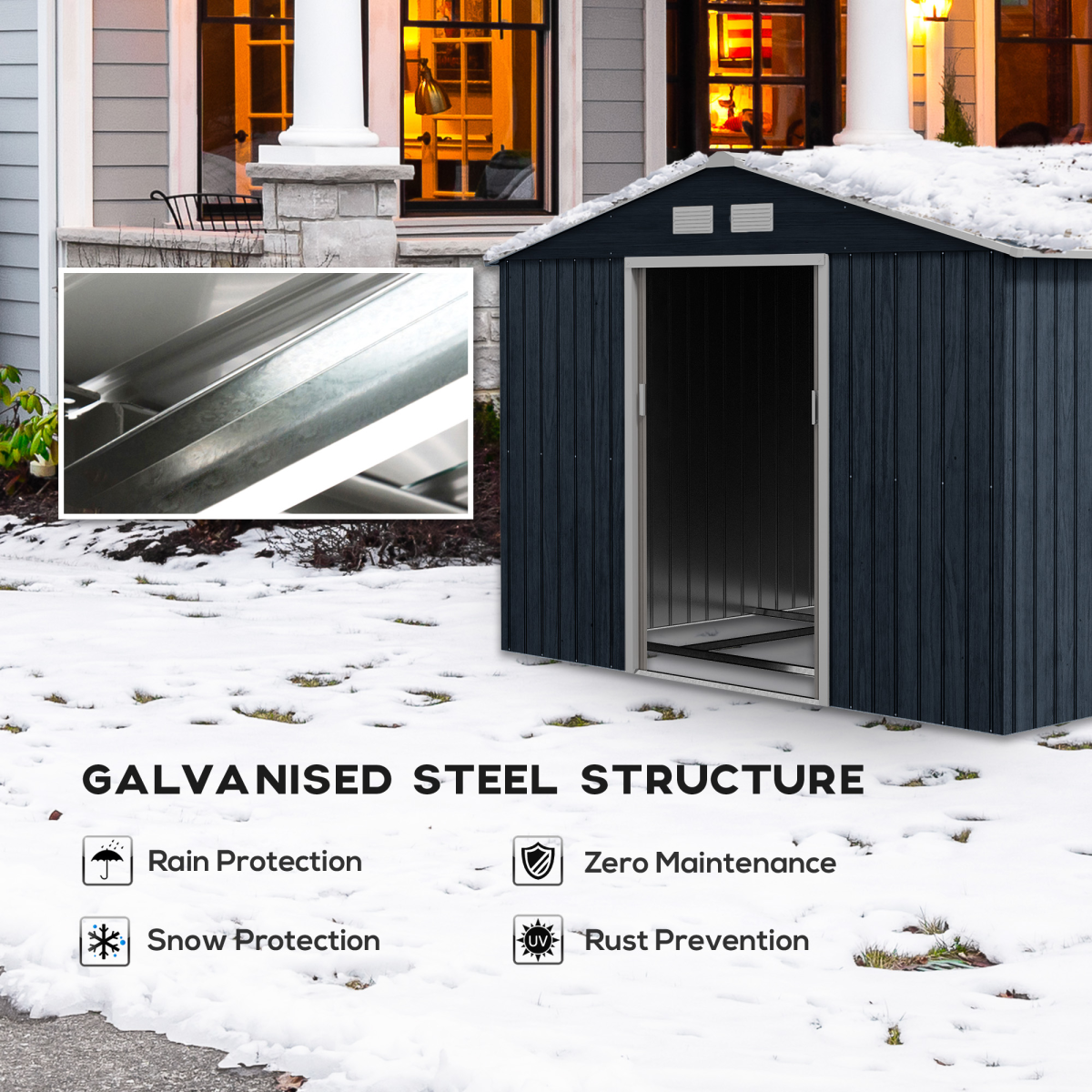 9 x 6FT Garden Roofed Metal Storage with Foundation Vent & Doors, Dark Grey