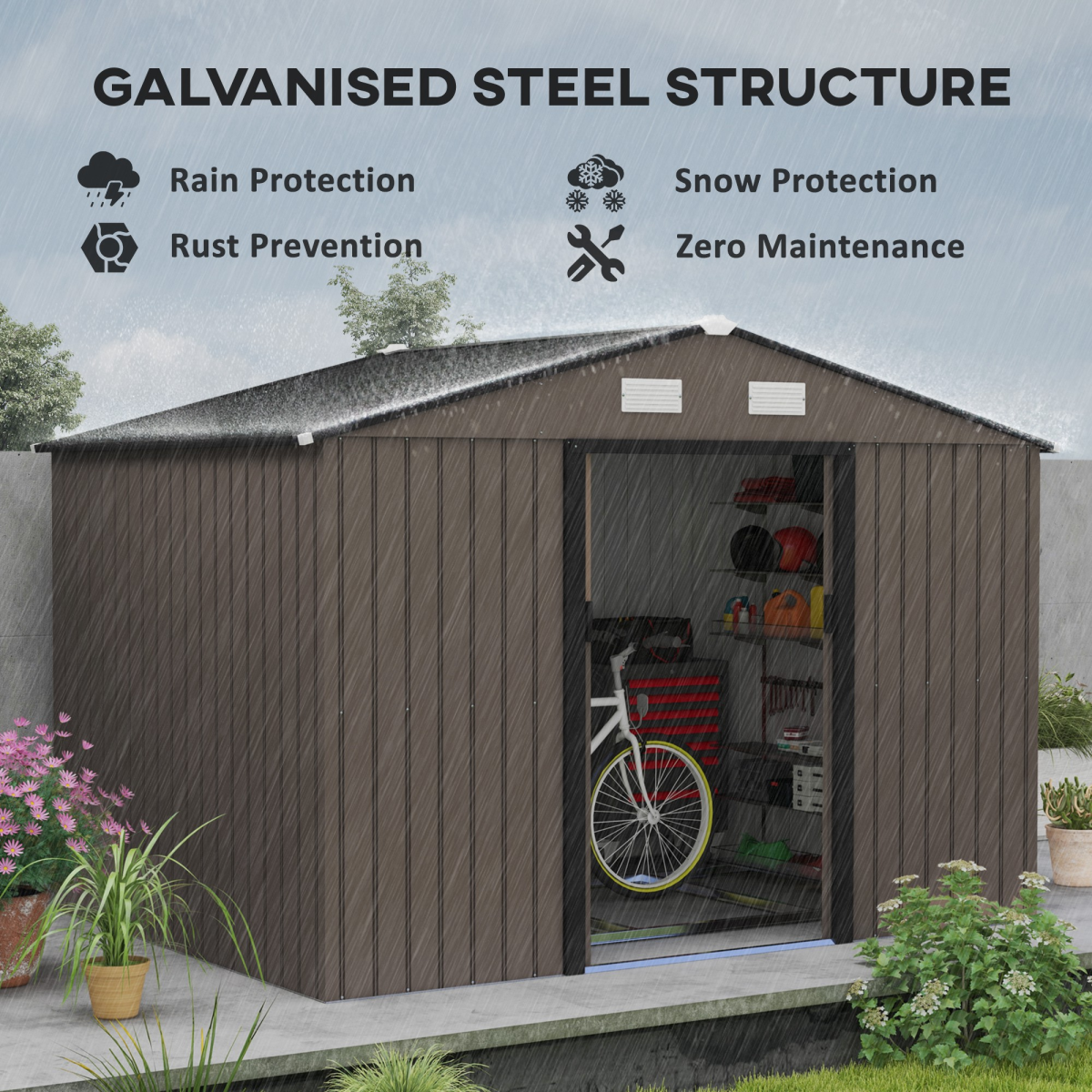9 X 6FT Outdoor Storage Garden Shed Sliding Door Galvanised Metal Brown