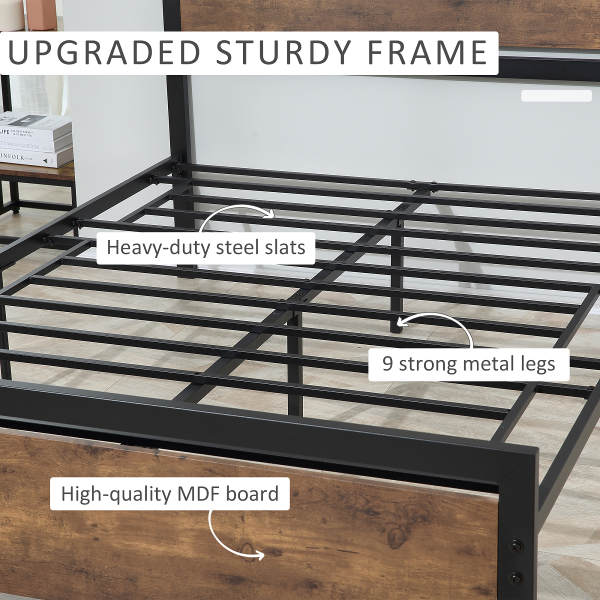Double Size Metal Bed Frame w/ Headboard & Footboard, 144x195x103cm