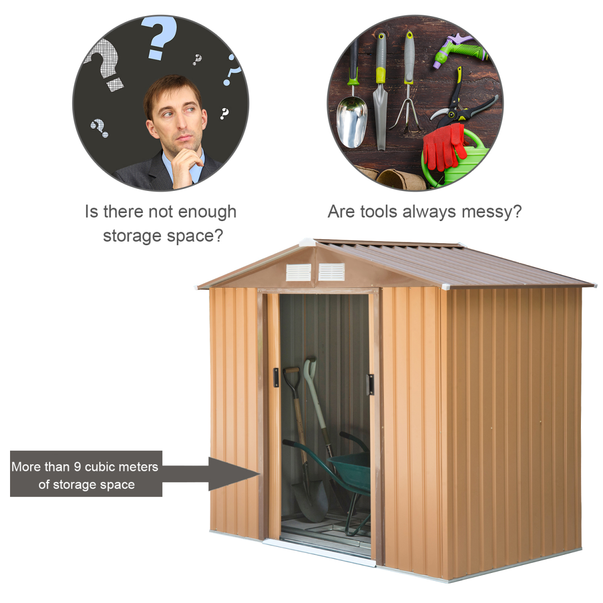 9x6 ft Metal Shed Khaki Storage Large Yard Store Door Container