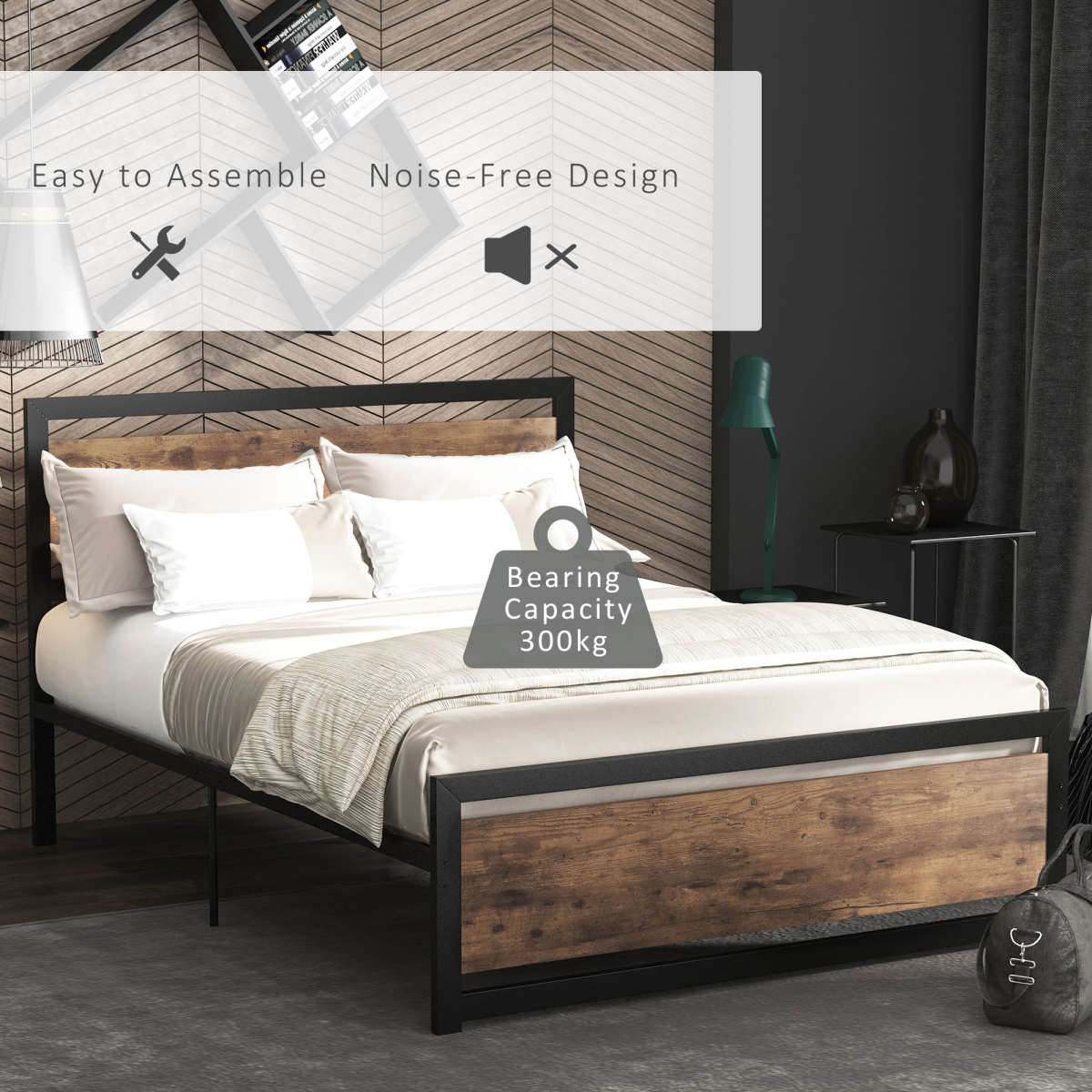 Double Size Metal Bed Frame w/ Headboard & Footboard, 144x195x103cm