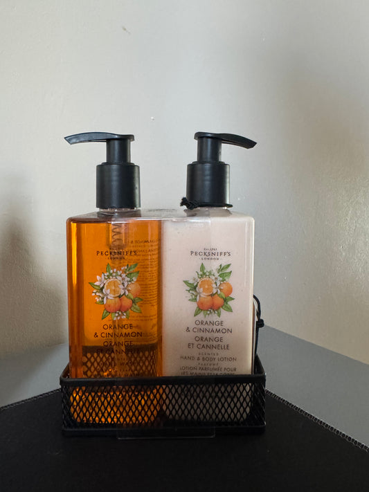 Pecksniffs Orange & Cinnamon Hand Wash, Hand & Body Lotion Set 300ml Each