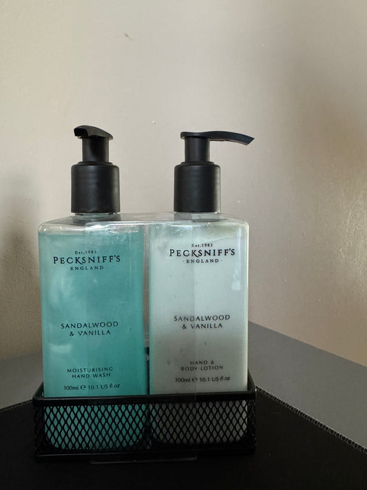 Pecksniffs Sandalwood & Vanilla Tea Hand Wash, Hand & Body Lotion Set 300ml Each